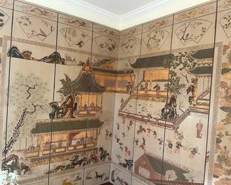 Carved Panel/Screen. Each four panel section is 81.25" x 98.75"h and 1"d. There are four more sections not hung. Color is not as light as in this photo, it is a soft tan.