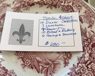 $280. Spode Archive Collection. 14 dinner, 7 luncheon, 9 dessert, 10 bread and butter, 6 cups and saucers.