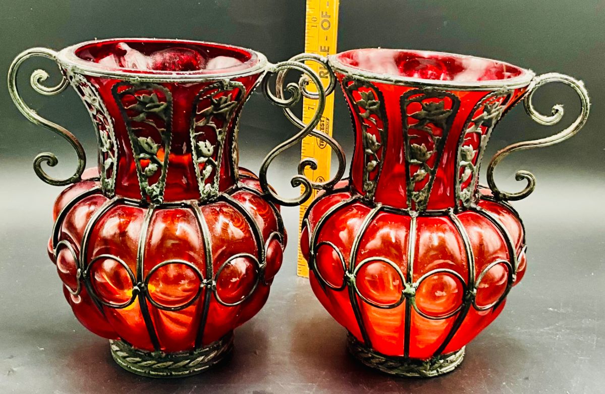 Large Hand Blown Caged Glass Vase, Wrought Iron Vase, Murano Style Vase,