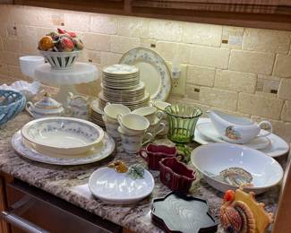 Minton China, Vintage Fitz &Floyd Turkey platter, bowl and gravy boat with plate, milk glass pieces