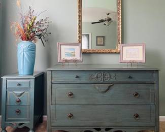 Vintage Deep Teal Green Farm House Dresser & Night Stand