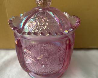Fenton iridescent pink thistle covered jar