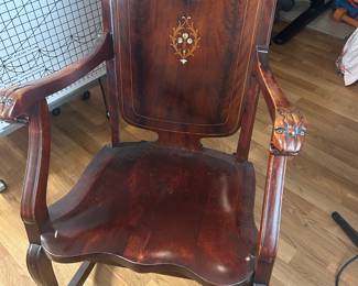 Antique wood rocker, Mother of pear inlay, carved handles