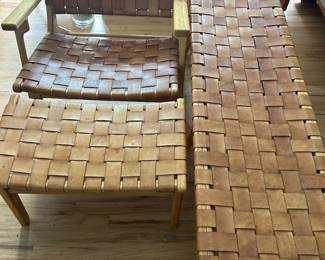 Artisan Living teak and leather chair, ottoman, bench