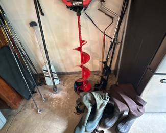Strike Master electric ice auger; manual ice auger; ice spud; ice fishing rods and tackle