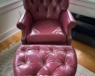 Pink leather chair and ottoman