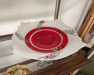 Art Deco red, white and silver glass bowl