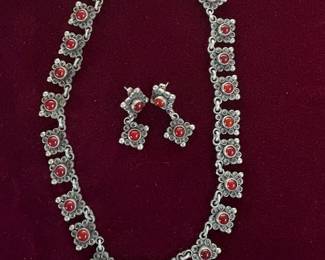 Vintage Taxco sterling and carnelian necklace and pierced earrings