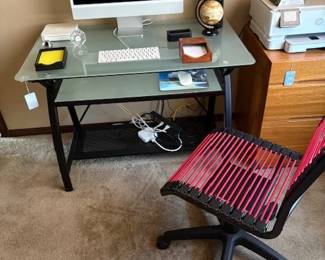 Glass computer desk, MAC computer, and red Bungee chair (SOLD)