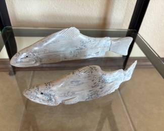 Chivly Chupak (Inuit) salmon sculptures, pair, 10" and 7 1/2"