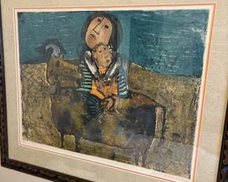 Graciela Rodo Boulanger (Bolivia 1935 - ) 'Mother and Child on a Bull' lithograph, 81/100