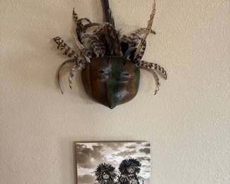 Gregory Lomayesva (1971 - ) 'Cliff Sparrow II' 1993 ceramic mask w/feathers; Zoe Marieh Urness 'Dog Soldiers' photograph
