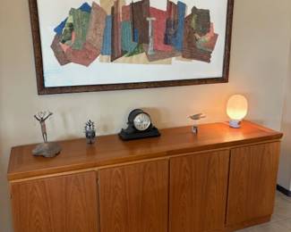 Skovby MCM Danish buffet, 81", ca 1960; Nancy Salome Sanford (1931 - 2020) mixed media art, 33" x 63" framed