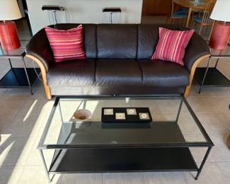 Ekornes brown leather and teak sofa, 85", metal and glass coffee and side tables