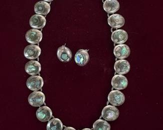 Vintage Emma Melendez Taxco sterling and abalone necklace and pierced earrings