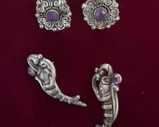 Vintage Taxco sterling and amethyst earrings, lower Margo de Taxco, both converted to pierced