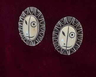 Vintage Denise Wallace sterling and fossil ivory clip earrings