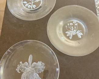 (3) Steuben art glass flower etched plates