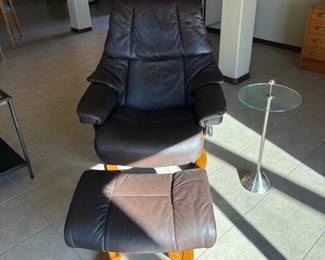 Ekornes brown leather recliner and ottoman (one of 2 available)