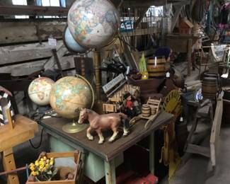 85. globes, horses, wagon with barrels, 