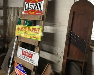 60. Signs, wooden ladder , meat slicer