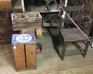 198. wooden boxes, vintage chair 