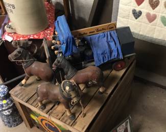 17. Miniature horses, wooden boxes, signs, jugs 