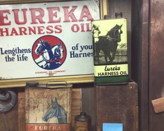 126 Eureka harness sign and cans, buy all together 