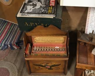 163. wooden chest, xylophone, vintage Life magazines 