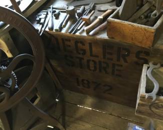 199. Chest and tools. Says Zieglers store 1872 on front of chest