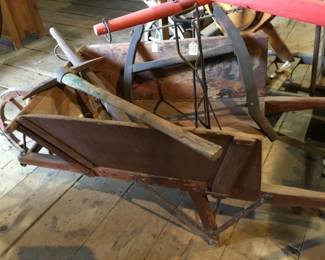 257. very nice wooden wheelbarrow, with tools. Will sell with or without tools