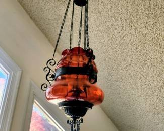 19th Cent pull down cranberry hall lamp