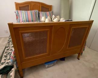 Antique Burlwood Queen Frame Bed w/ Bentwood Cane