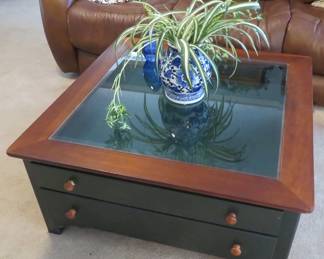 Coffee table with glass top display case and storage
