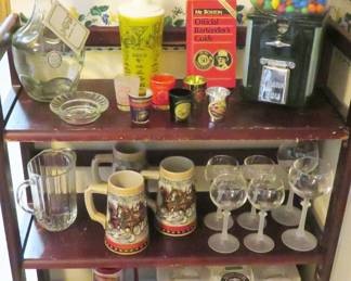 Jack Daniels decanter, gumball machine, Budweiser steins, US Marine Corps decanter set
