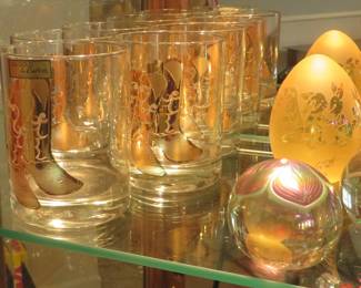 Culver boot glasses, signed paperweight, Arthur Court glass egg