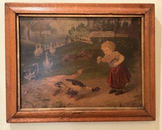 19th Century oil painting with bird's eye maple frame
