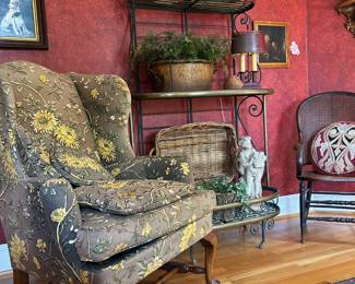 Antique French brass and wrought iron bakers rack and Bentwood cane arm chair