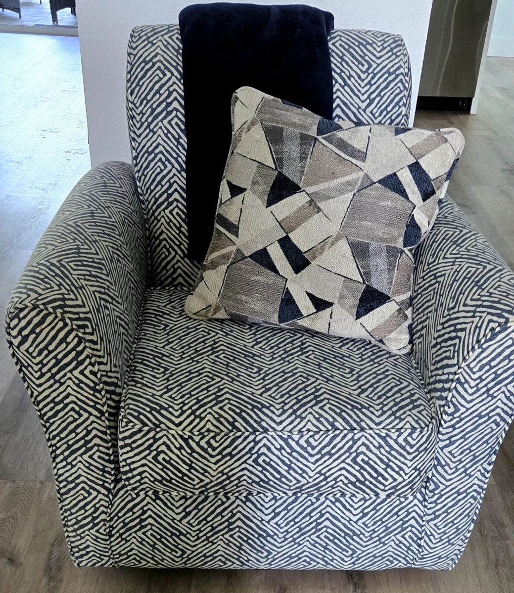 Blue and White Swivel Chair with Throw Pillow = $150 (or best reasonable offer)