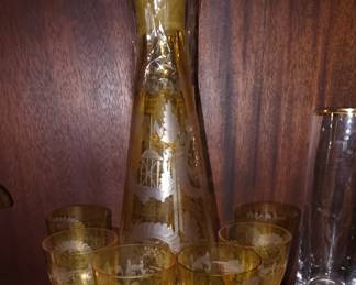 Etched Bohemian Crystal Decanter and Glasses set