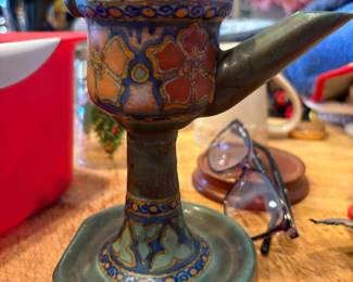Gouda Holland pottery oil lamp on pedestal base, hand painted detail—- cracked repaired