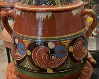 Mexican Redware Pottery Bean Pot with Lid Hand Painted
