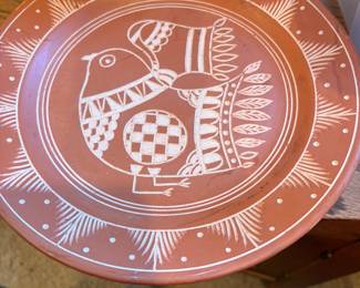 Vintage Spanish Terracotta Carved Bird Floral Hanging Plate Platter Wall Plate Spain - two plates