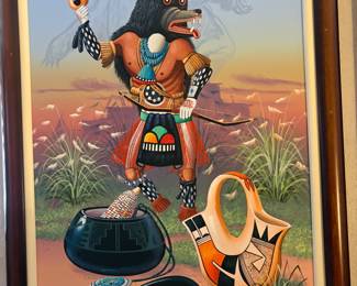 JACKIE BLACK NAVAJO ARTIST LARGE " BEAR KACHINA " PAINTING FRAMED 