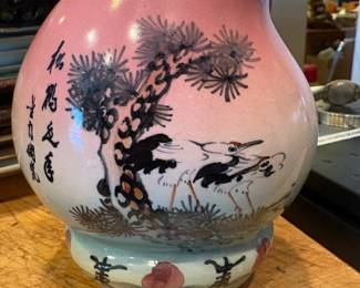 Vintage MCM Chinese Longevity Peach Figure with Painted Heron Scene