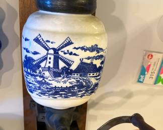 Vintage Delft Blue Ceramic Wood Iron Holland Dutch Mill Coffee Grinder Wall Mount Antique , ceramic and wood holland coffee grinder