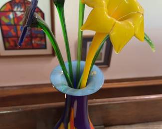 Bohemian HandBlown Glass Floral Bouquet in Vase Made in Czech Republic