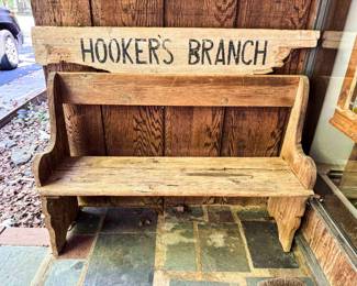 Hookers Branch sign and handmade bench