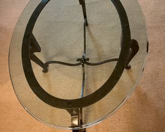 Oval beveled glass top, brass base coffee table