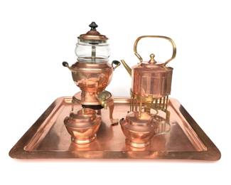Vintage Copper Coffee, Tea, Creamer Set with matching tray